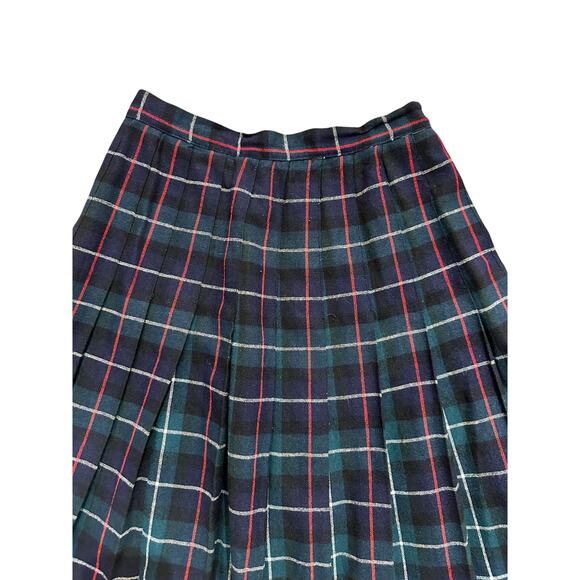Vintage Blue Green Tartan Plaid Pleated Wool Skirt 26" Waist - Picture 3 of 6